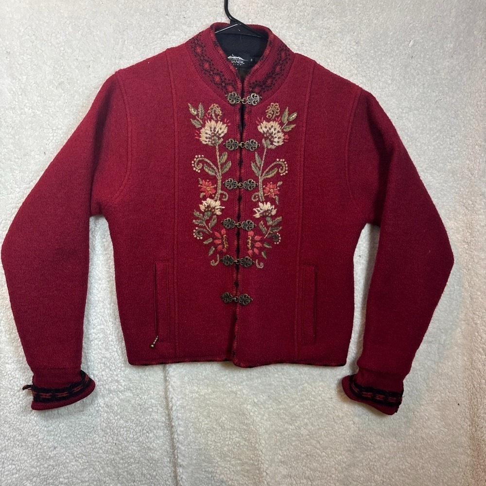 VTG Icelandic Design Red Sweater Cardigan Lined Jacket L 100% Wool Embroidery S